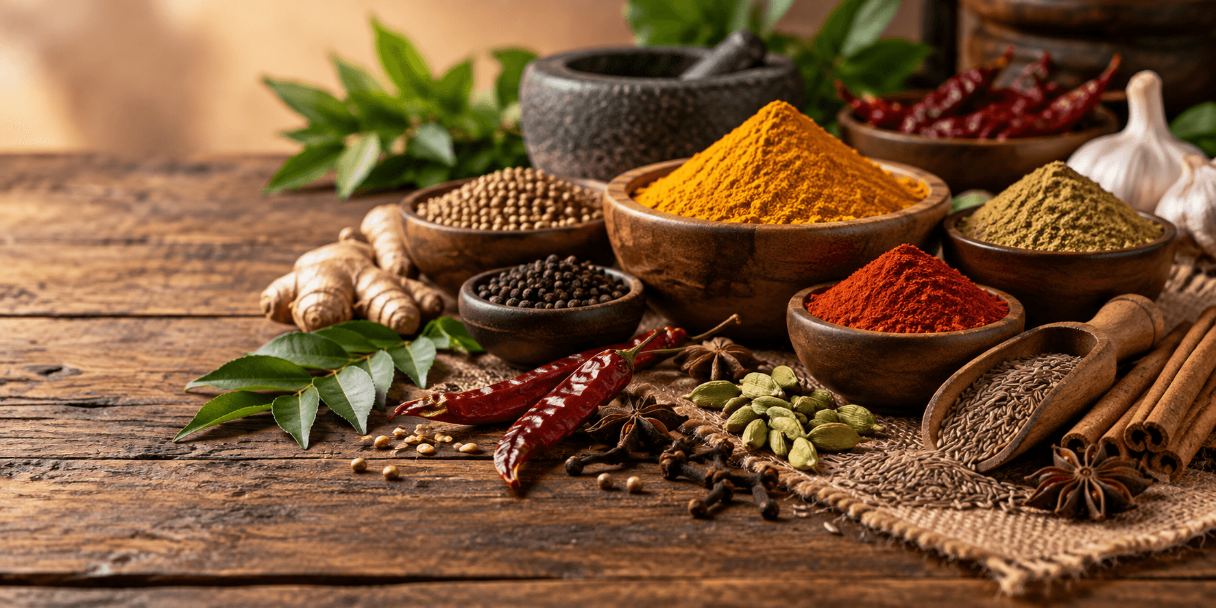 Aromatic Indian spices including turmeric, chilli, cumin, coriander and whole spices