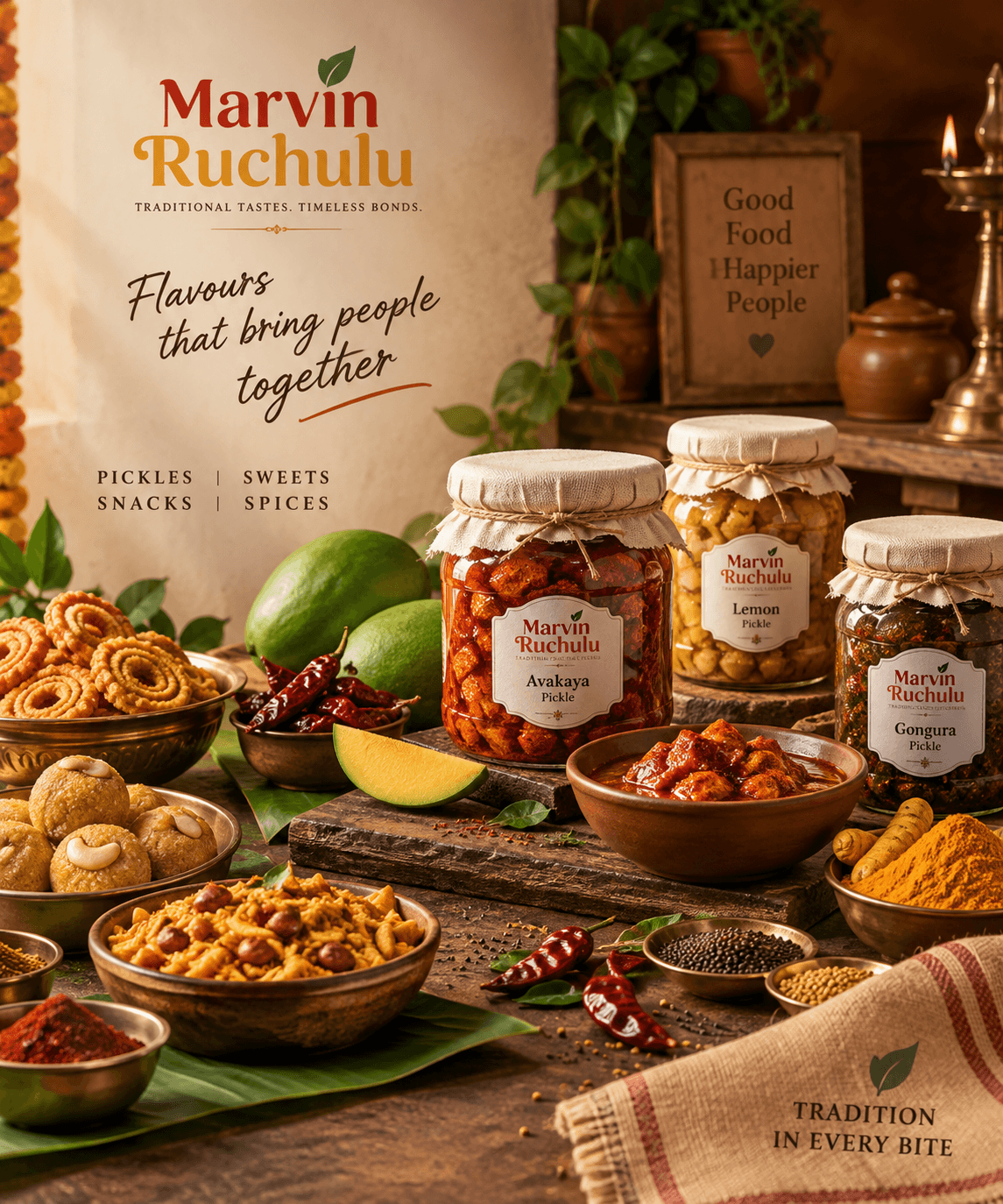 Traditional Indian pickles, sweets, and snacks from Marvin Ruchulu